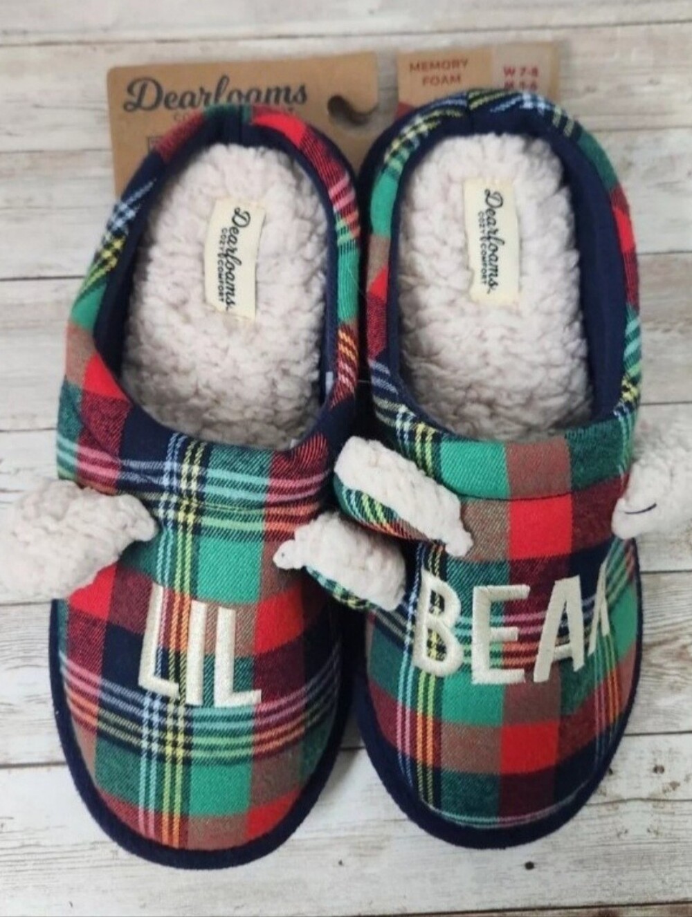 Dearfoams Cozy Comfort Lil Bear Holiday Plaid Slippers Sz Men's 5-6 Women's 7-8